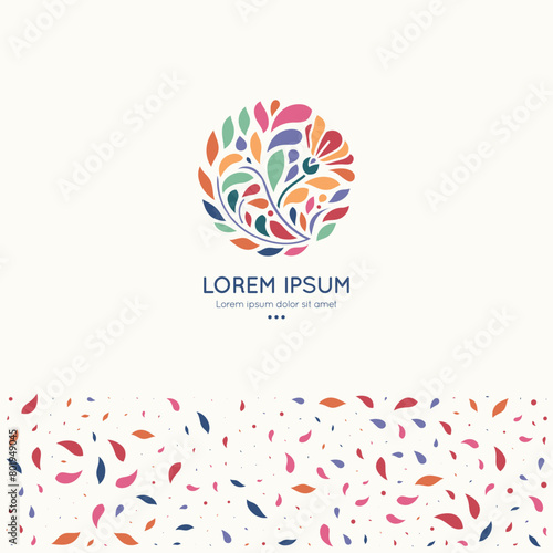 Colorful emblem with leaves. Can be used for jewelry  beauty and fashion industry. Great for logo  monogram  invitation  flyer  menu  background  or any desired idea.