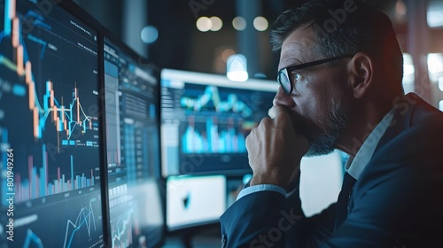 A pensive trader analyzing complex financial data on multiple screens photo