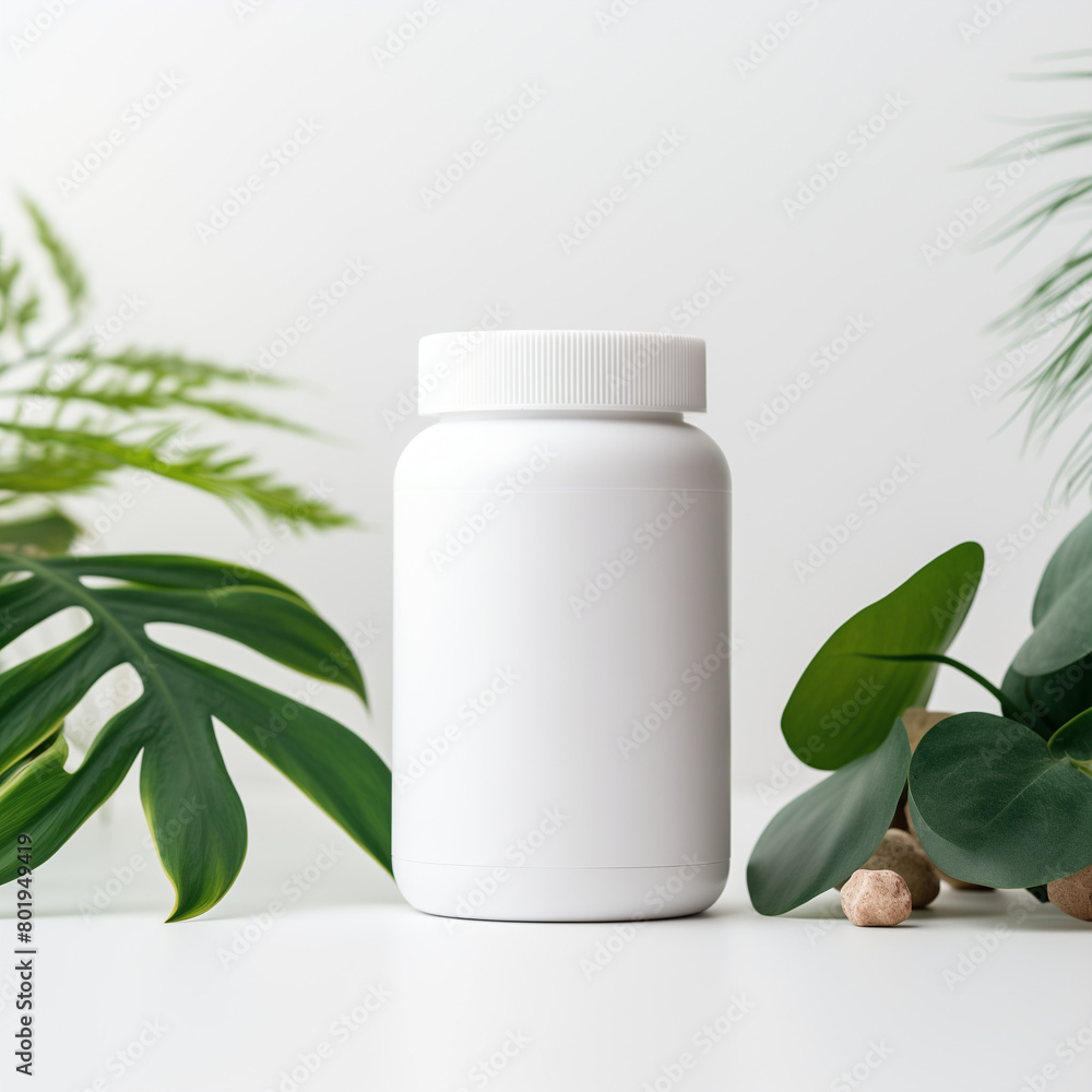 Organic Skincare: Blank White Bottle Surrounded by Lush Green Plants Organic Skincare: Blank White Bottle Surrounded by Lush Green Plants
