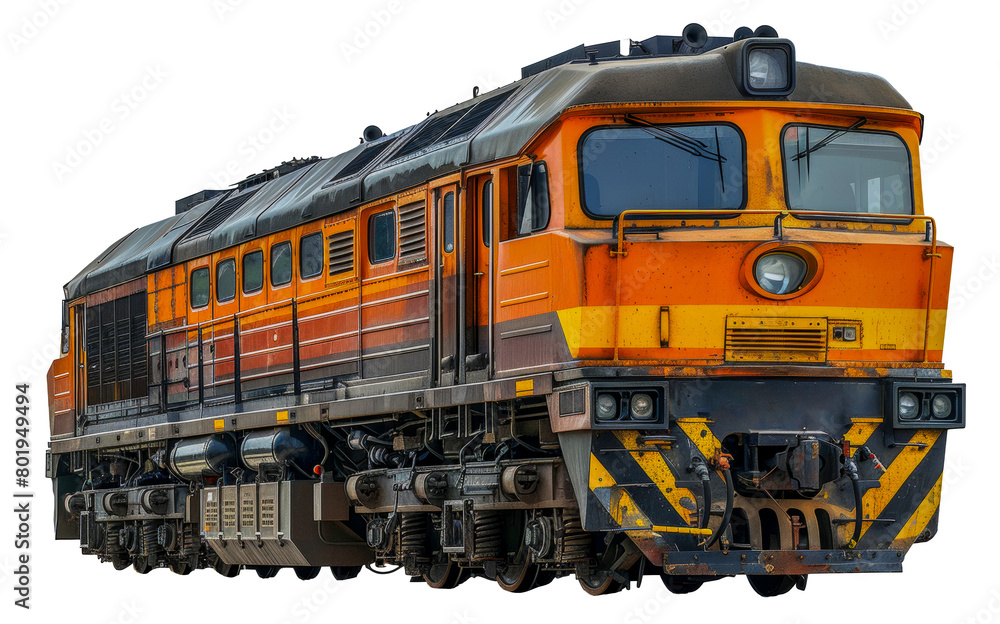 Fototapeta premium Vintage orange and yellow diesel locomotive, cut out - stock png.