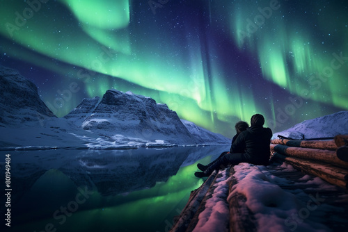 Person witnessing the majestic Northern Lights reflecting on a tranquil, icy lake photo