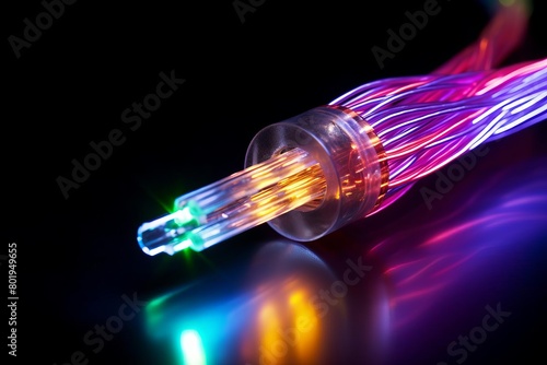 Closeup of a fiber optic cable end, showing the vibrant light transmission and detailed fiber arrangement on a dark backdrop