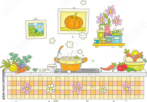 Testy soup with vegetables and spices cooking in a pan on a stove plate in a funny cozy kitchen decorated with summer flowers and pictures, vector cartoon illustration on a white background