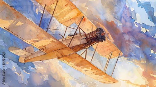 Capture the majestic Wright Flyer from a low-angle view in detailed watercolor strokes, set against a vibrant dawn sky photo