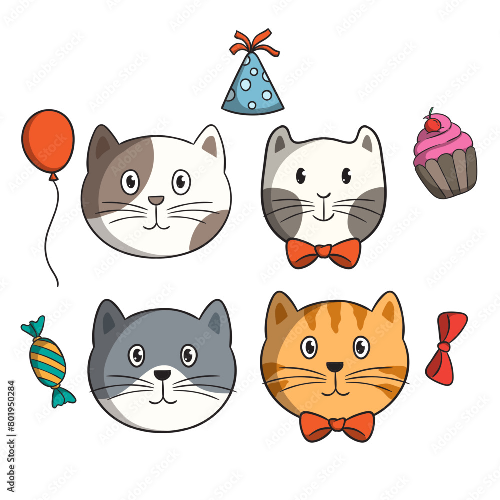 set of doodle birthday cat illustration on white background set of doodle birthday cat illustration on white background