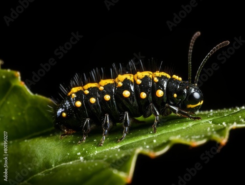 Closeup of a sawfly larva on a leaf, highlighting its caterpillarlike appearance and feeding damage against a black background © Pakorn