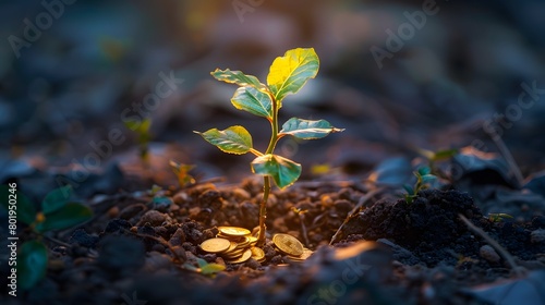 A young plant sprouting from coins symbolizing growth and investment
