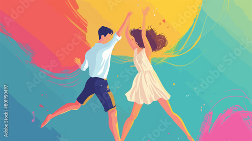 Happy young couple dancing against color background Vector