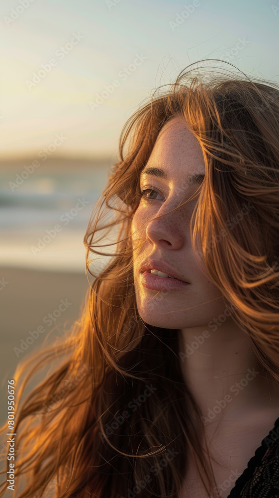 Beach Serenity, Close-Up of Wind-Swept Hair at Sunset Beach Serenity, Close-Up of Wind-Swept Hair at Sunset