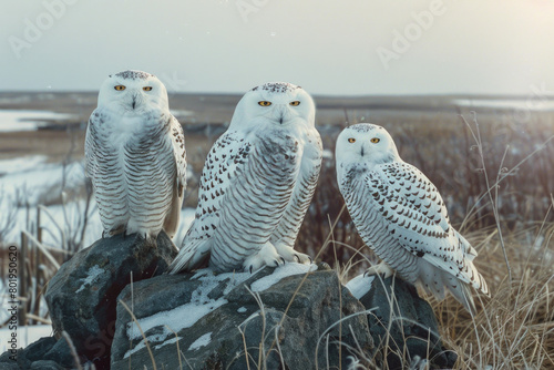 Snowy owls roam the Arctic, which appears devoid of snow.

 photo