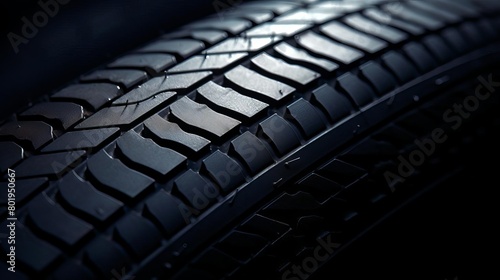 Closeup of a tire tread, capturing its pattern design and wear indicators on a dark background photo