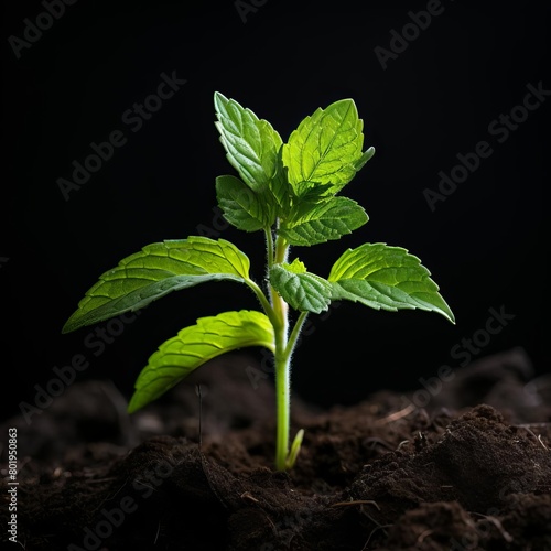 Closeup of a young spearmint sprout, focusing on its fragrant leaves and vigorous growth against a black backdrop