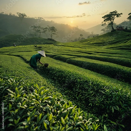 A vast field of green tea with tea leaf picker at dawn photo
