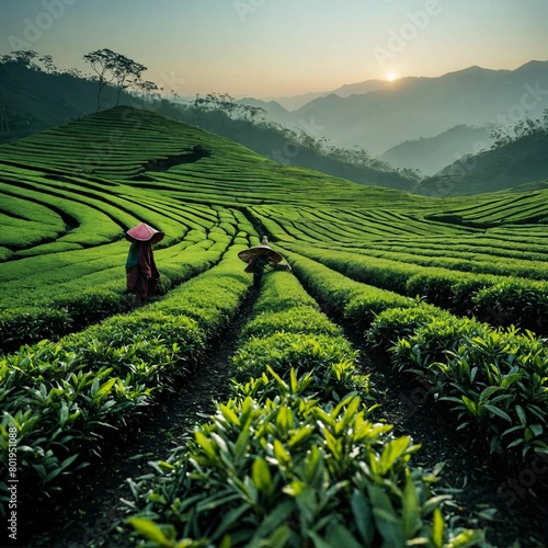 A vast field of green tea with tea leaf picker at dawn photo