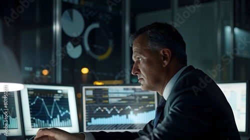 Businessman scrutinizing data on multiple computer screens at night