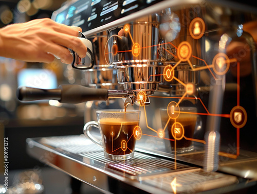 Close-up of a barista steaming milk with a professional espresso machine  focusing on the steam and the barista s concentrated face  set against the backdrop of a busy coffee shop