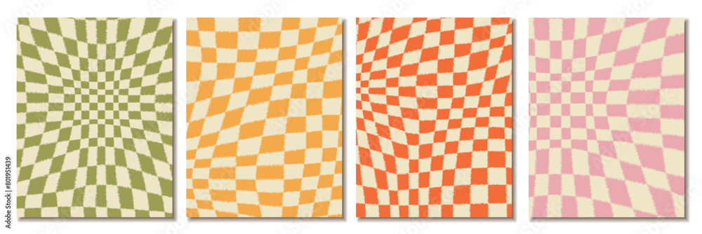 Set of groovy wave psychedelic checkerboard background. Hippie, retro chessboard template, texture of pile Set of groovy wave psychedelic checkerboard background. Hippie, retro chessboard template, texture of pile