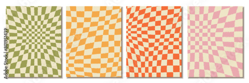 Set of groovy wave psychedelic checkerboard background. Hippie, retro chessboard template, texture of pile