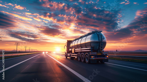 A truck transporting industrial petroleum products drives down a highway at sunset