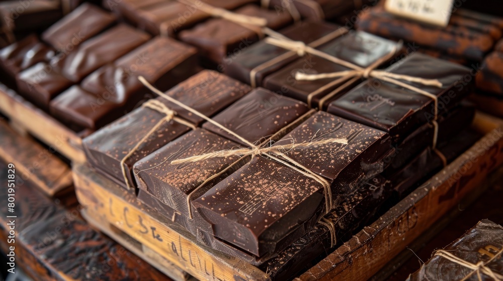 A tray of beautifully wrapped chocolate bars with labels handwritten by their creators each one a unique flavor combination. A tray of beautifully wrapped chocolate bars with labels handwritten by their creators each one a unique flavor combination.