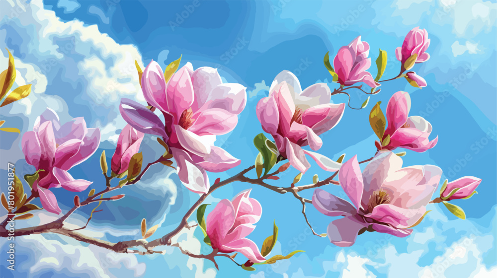 Blooming magnolia tree on sky background closeup Vector