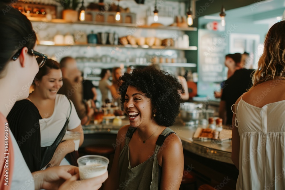 Group of friends having fun together in a bar. Young african american woman drinking coffee and laughing. Group of friends having fun together in a bar. Young african american woman drinking coffee and laughing.