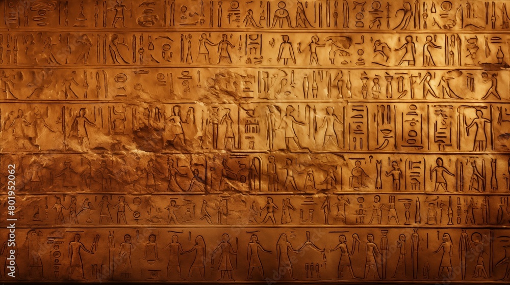 Old stone wall with Egyptian hieroglyphs, Ancient hieroglyphic writing with gold.