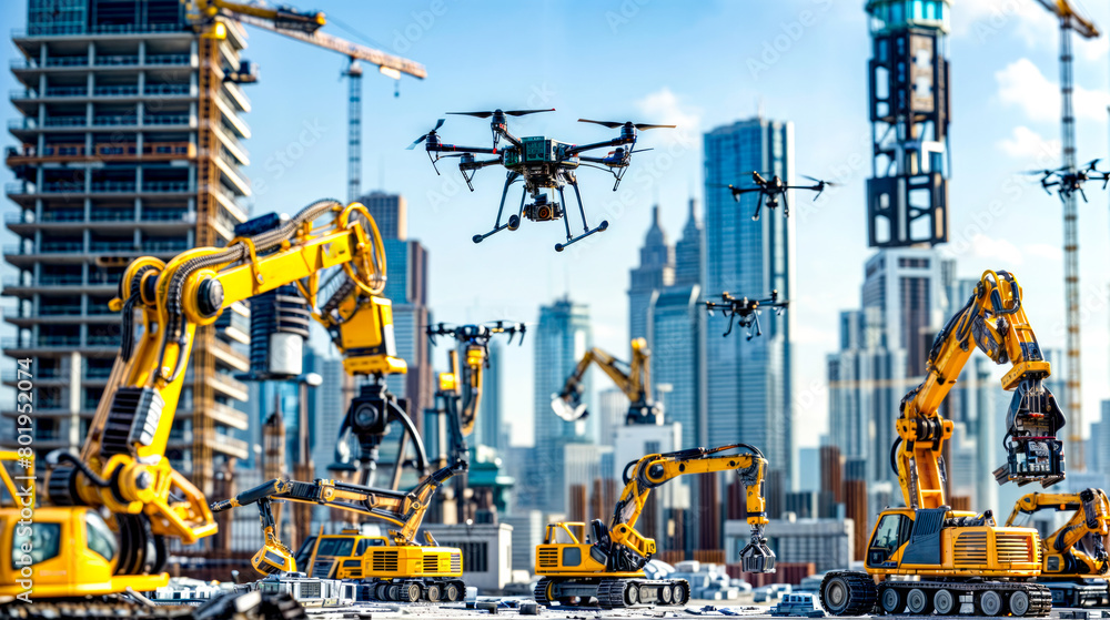 Group of yellow and black remote controlled vehicles flying in the air over city. Generative AI Group of yellow and black remote controlled vehicles flying in the air over city. Generative AI