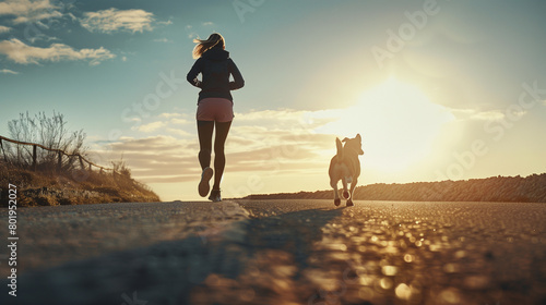 Active sport woman running with with dog in the road during morning at sunrise with a shaggy dog photo