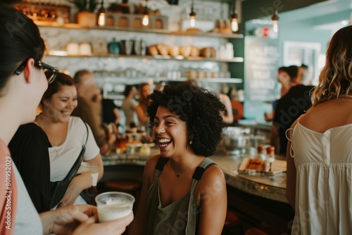 Group of friends having fun together in a bar. Young african american woman drinking coffee and laughing.