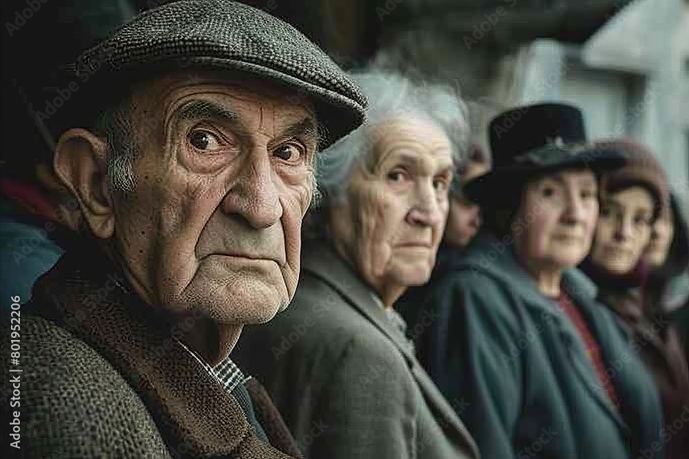 Portrait of an old man with his family in the background. Portrait of an old man with his family in the background.