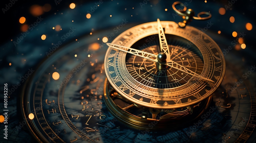 Naklejka premium A closeup of a vintage astrolabe against a starry night sky background symbolizing exploration and the history of astronomy