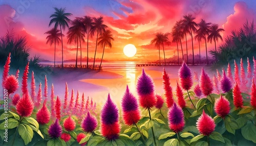 Watercolor painting of Amaranth Flowers on a Beach at Sunset