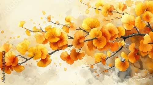 This abstract watercolor art background modern includes gingko and botanical line art that can be used for wall decoration or printed.