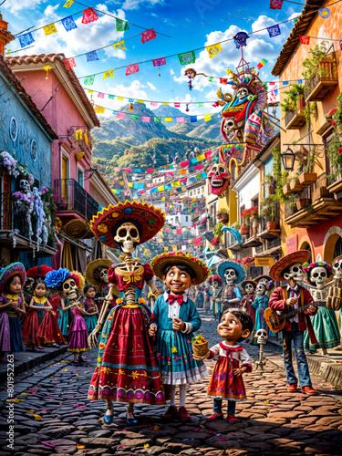 Painting of mexican day of the dead scene with skeleton and child. Generative AI © Констянтин Батыльчук
