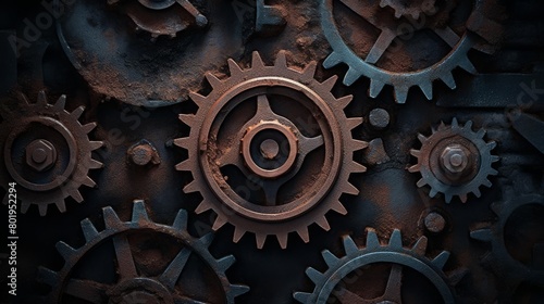 Detailed image of a rusting gear, emphasizing its textured surface and the effects of oxidation against a dark background