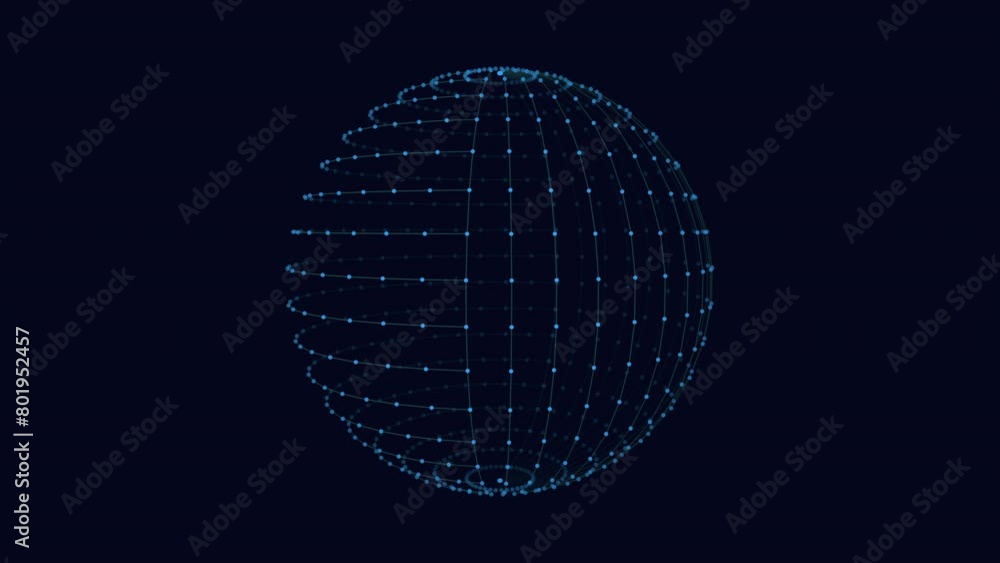 A large blue sphere with a grid-like pattern contains scattered blue dots of different sizes, creating an intricate pattern. The sphere represents a complex and interconnected structure