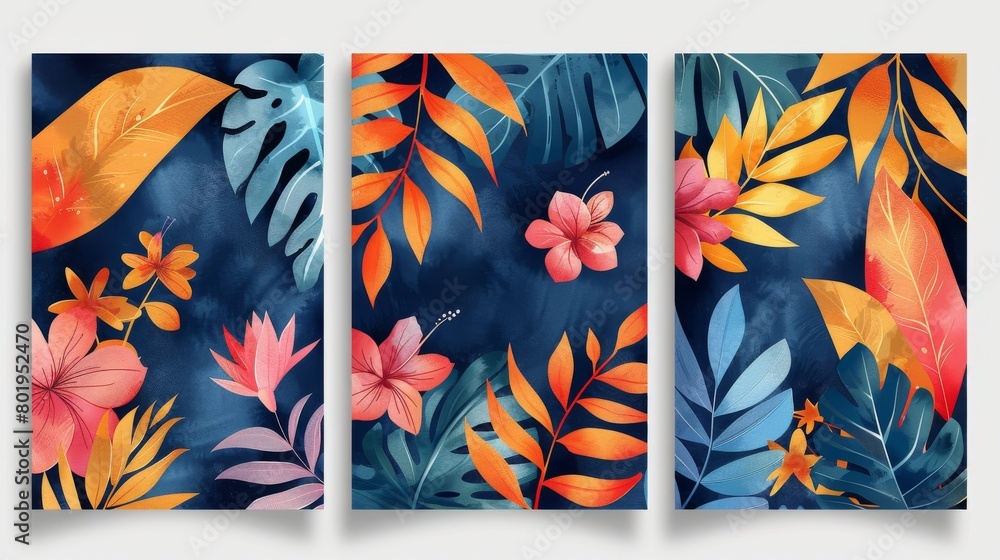 Fototapeta premium Design for social media posts and stories. Modern set of floral wall art. Abstract shapes and plant branches. Modern design for postcards and posters. Botanical design for social media posts.