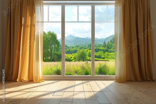 Brown curtains on the window with a pacifying green landscape. Sunny day in the room. 