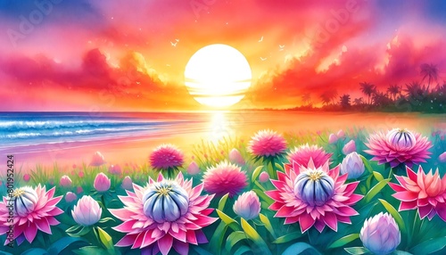 Watercolor painting of Crown flowers on a Beach at Sunset