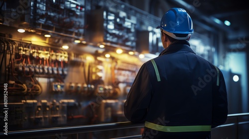 An engineer in a highvisibility jacket inspecting the control systems in a modern hydroelectric power plant emphasizing infrastructure and energy production © Jenjira