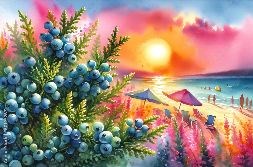 Watercolor painting of Juniper flowers on a Beach at Sunset