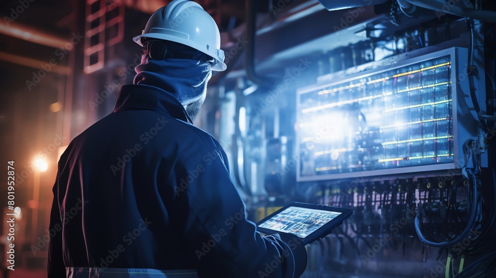 Obraz premium Worker in protective gear checking machinery temperature in a heavy industrial plant safety and maintenance focus