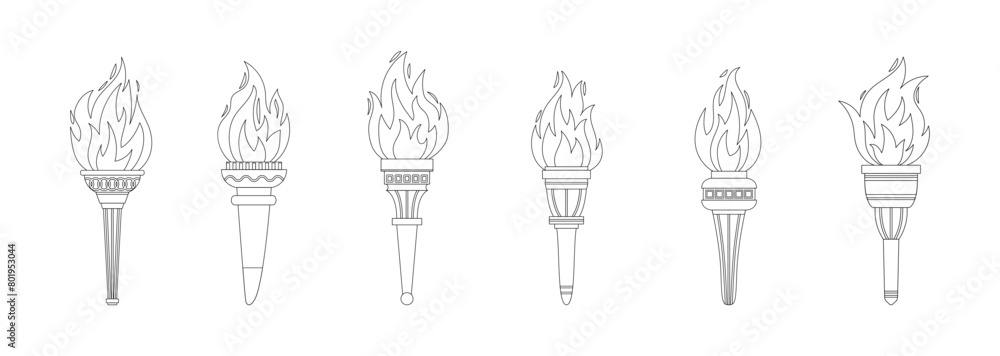 Vector burning flame torches black line set icons isolated on white background. Sport flat style games victory outline symbols collections. Winner abstract sign. Vector burning flame torches black line set icons isolated on white background. Sport flat style games victory outline symbols collections. Winner abstract sign.