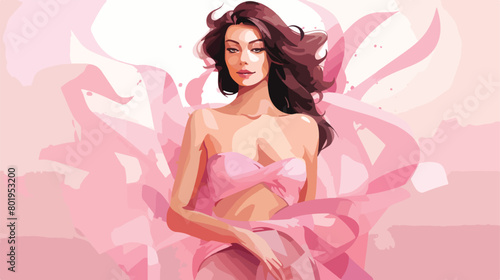 Woman with pink awareness ribbon on color background.