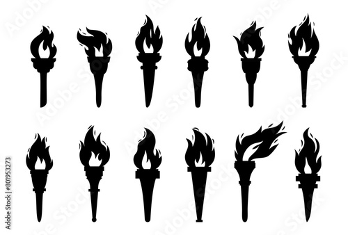 Vector burning flame torches black shapes set icons isolated on white background. Sport flat style games victory silhouette symbols collections. Winner abstract sign