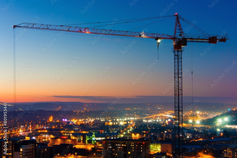 Tower crane looming tall against a backdrop of city lights at night, abstract  , background
