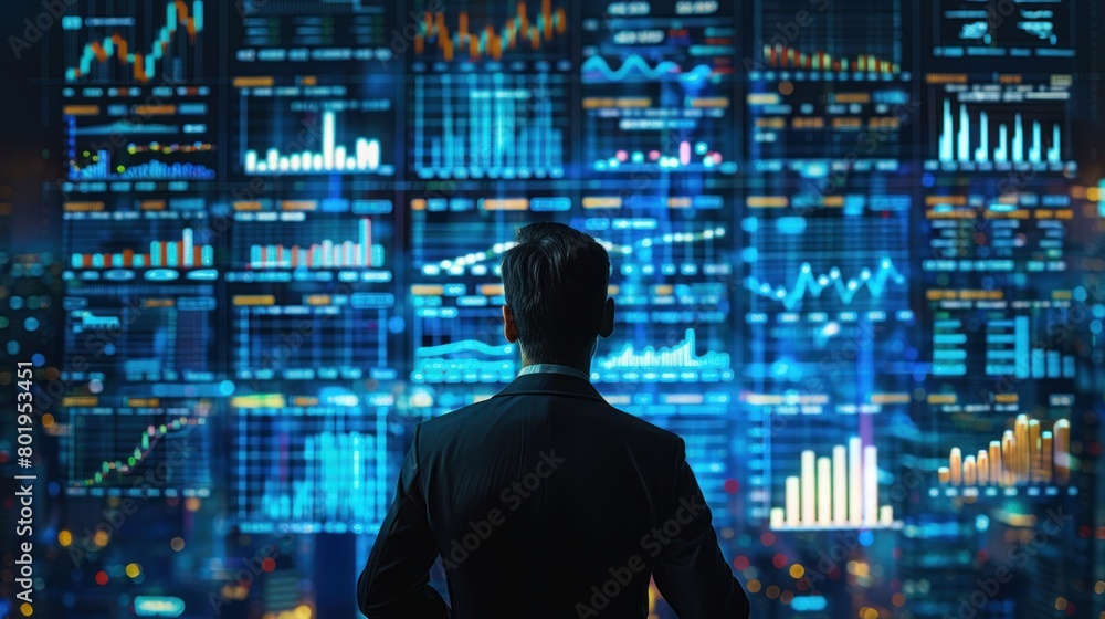 Businessman looks at graphs and charts showing market growth trends. Leverage this valuable information to inform strategic decisions and capitalize on emerging opportunities. Businessman looks at graphs and charts showing market growth trends. Leverage this valuable information to inform strategic decisions and capitalize on emerging opportunities.