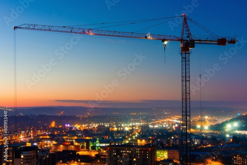 Tower crane looming tall against a backdrop of city lights at night, abstract , background