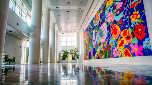 Large colorful painting on the wall of building with large window. Generative AI